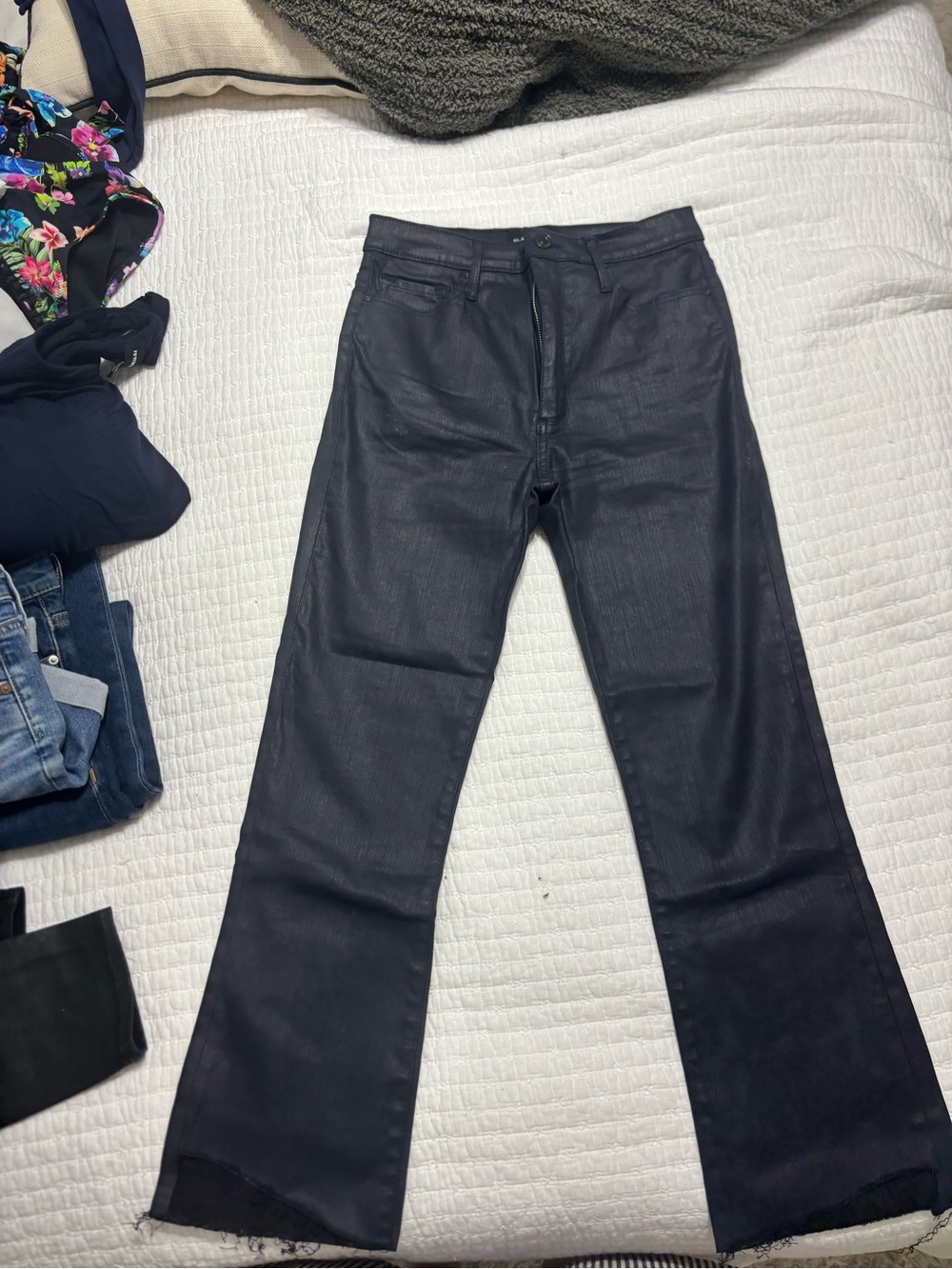 Black Orchid Los Angeles Navy Coated Raw Hem Flare Jeans